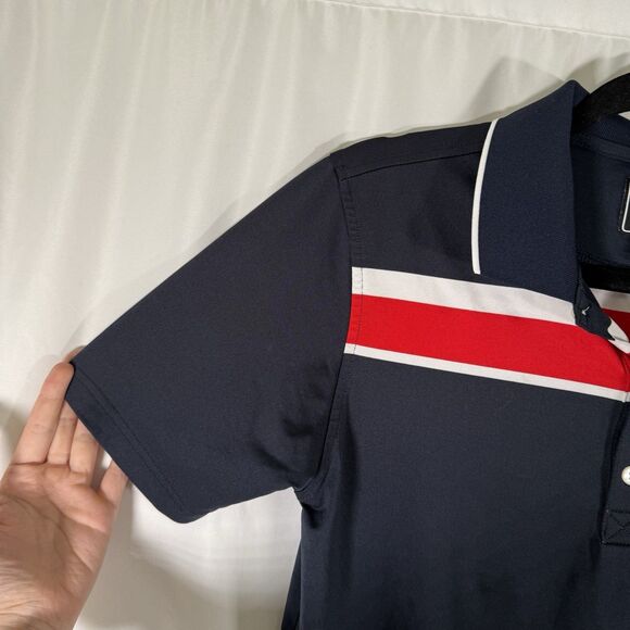 Footjoy Golf Polo Juniors Large Navy Blue Striped Short Sleeve 1/4 Button Tech - Picture 5 of 9